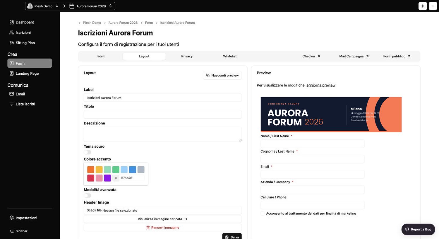 Editor del layout del form di Winston con anteprima live del form pubblico brandizzato